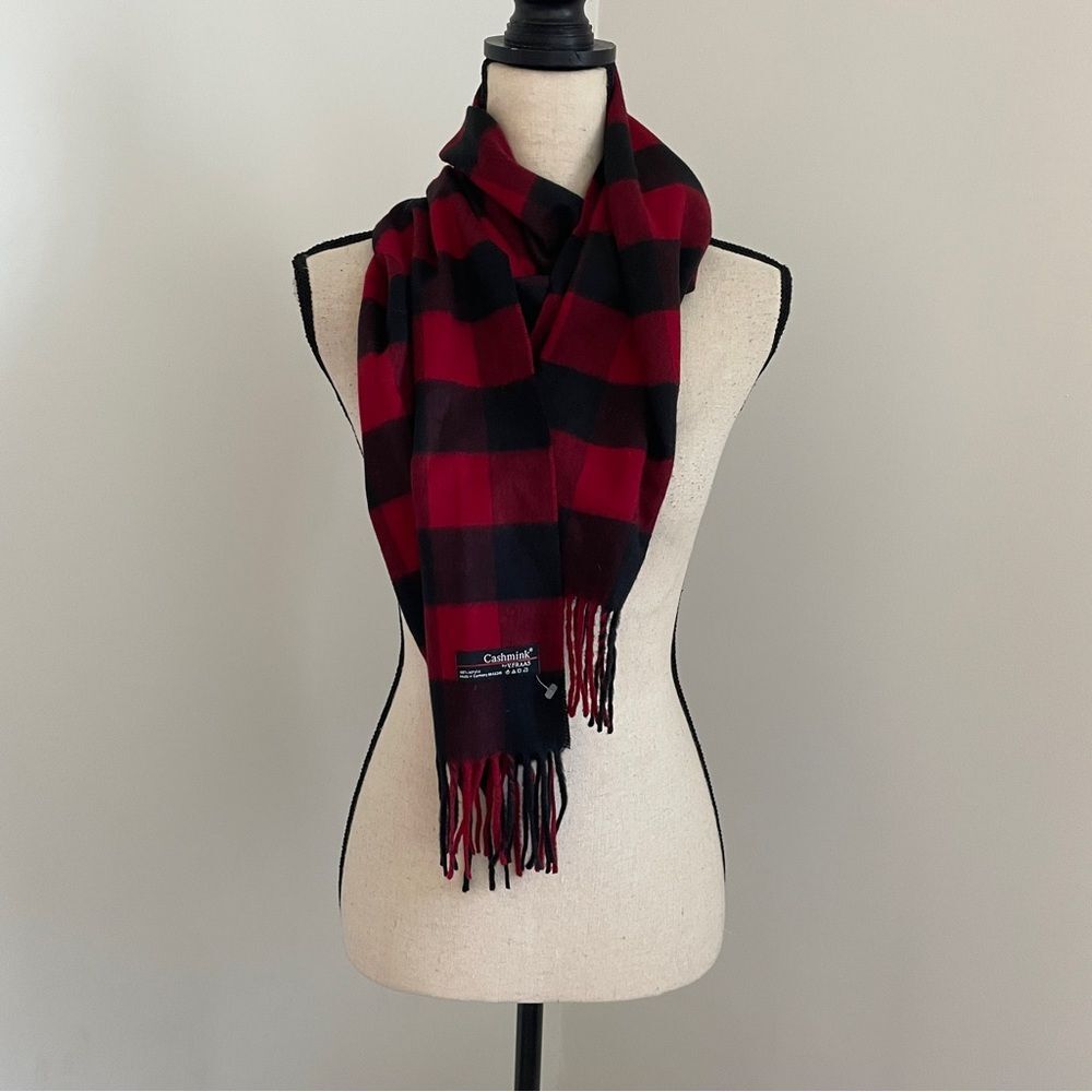 Plaid Flannel Scarf Red Black Buffalo Check Fringe Cabin Lumberjack Gorpcore